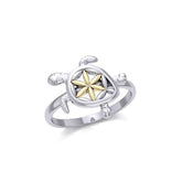 Swimming Turtle with Flower of Life Shell Silver and Gold Ring MRI1895 - Ring